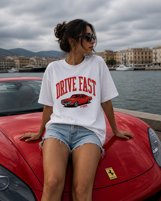 Drive Fast Car Tee White Red