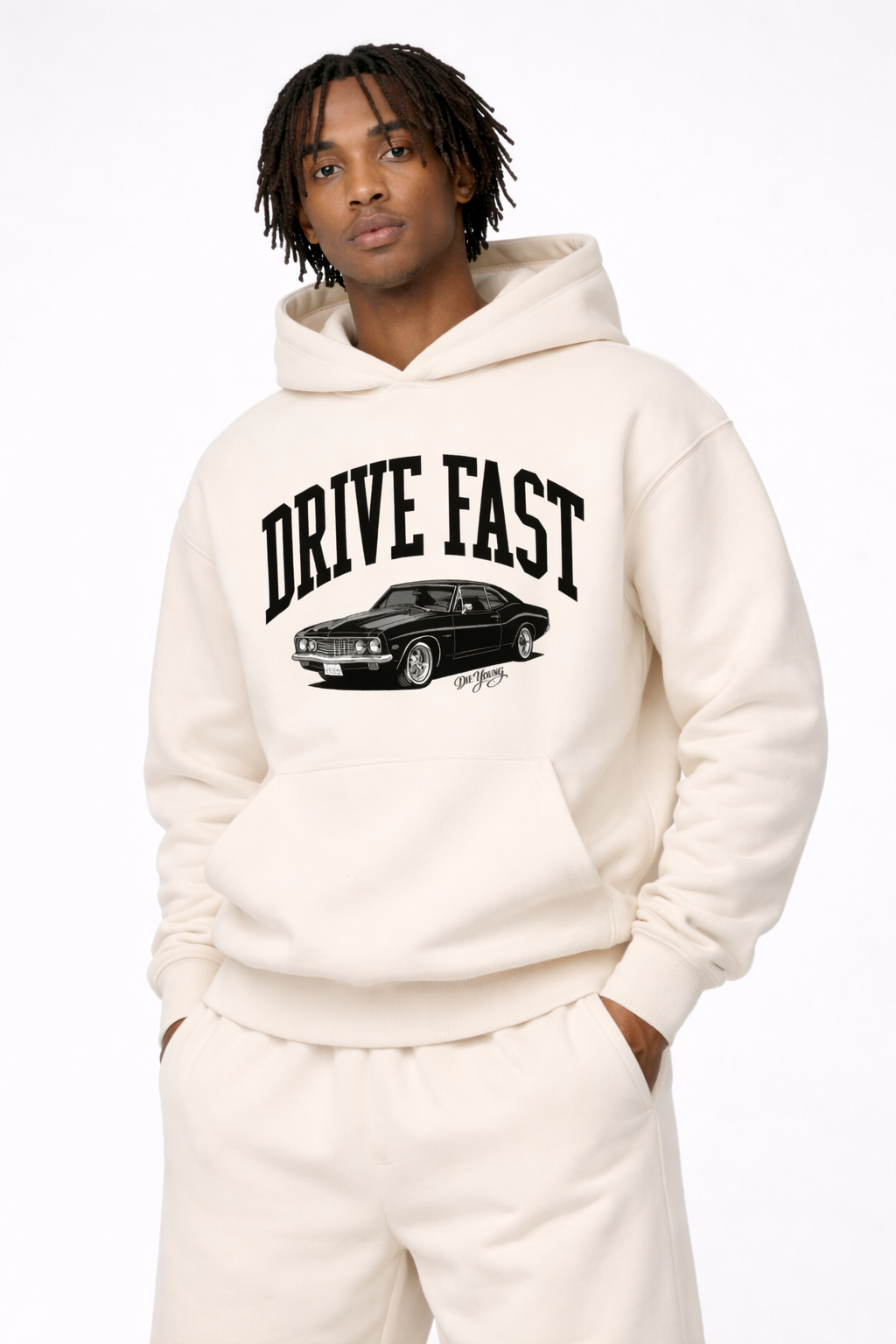 Drive Fast Car Hoodie Creme