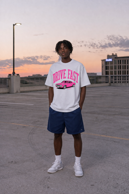 Drive Fast Car Tee White Pink