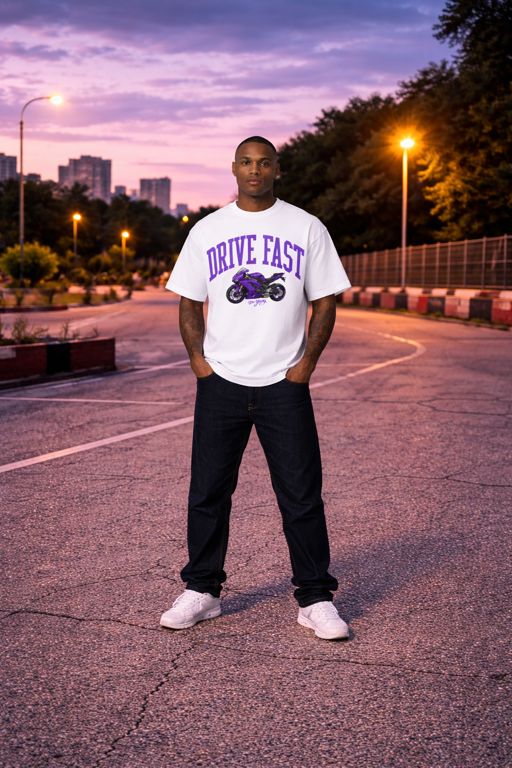 Drive Fast Moto Tee White Lila