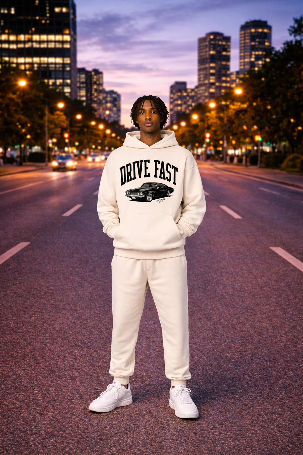 Drive Fast Car Hoodie Creme