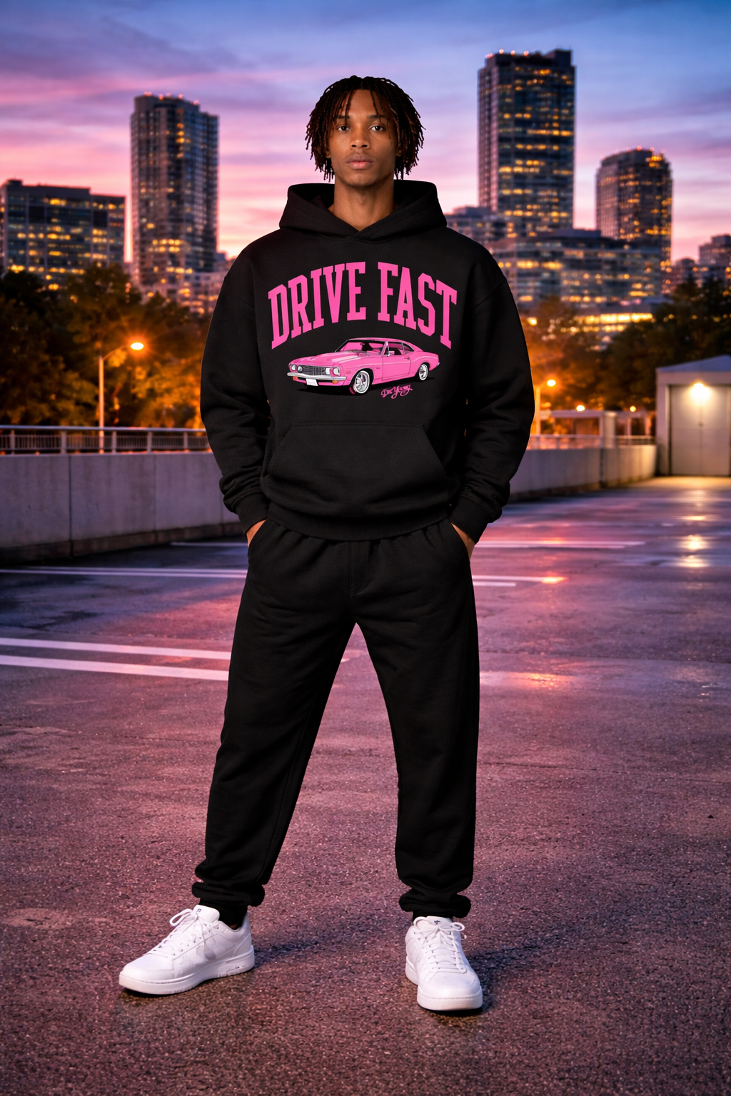 Drive Fast Car Hoodie Black Pink