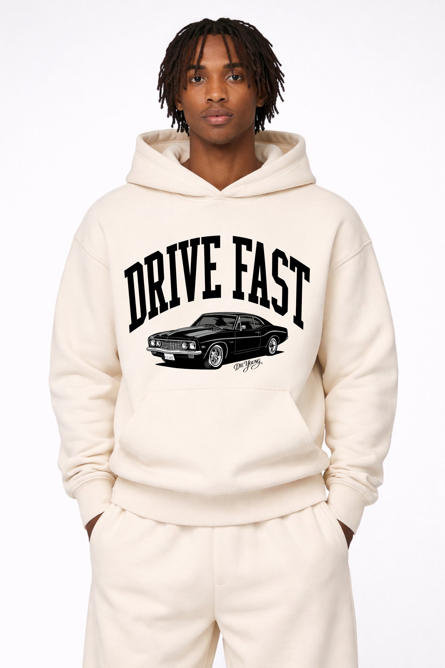 Drive Fast Car Hoodie Creme