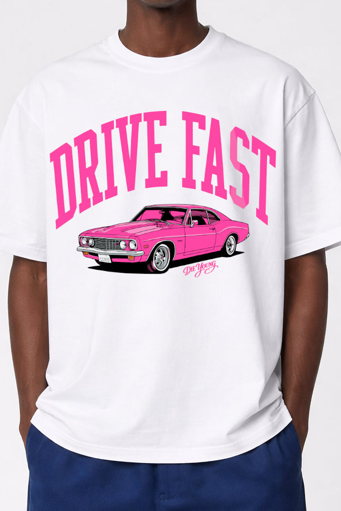 Drive Fast Car Tee White Pink