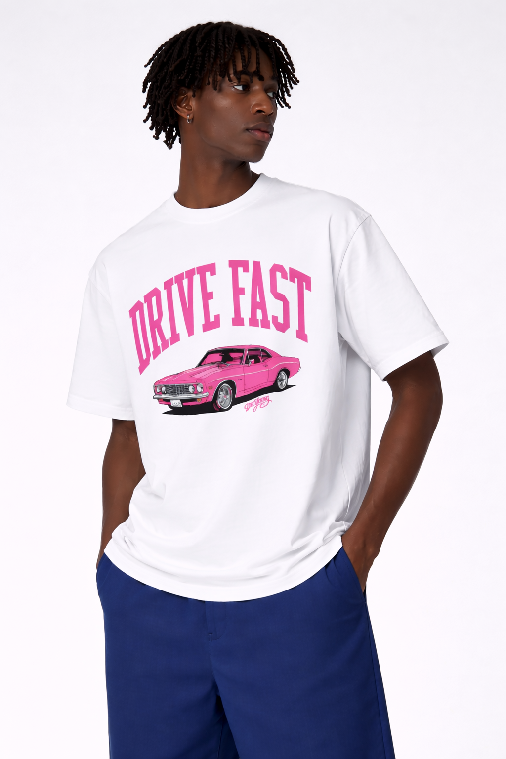 Drive Fast Car Tee White Pink